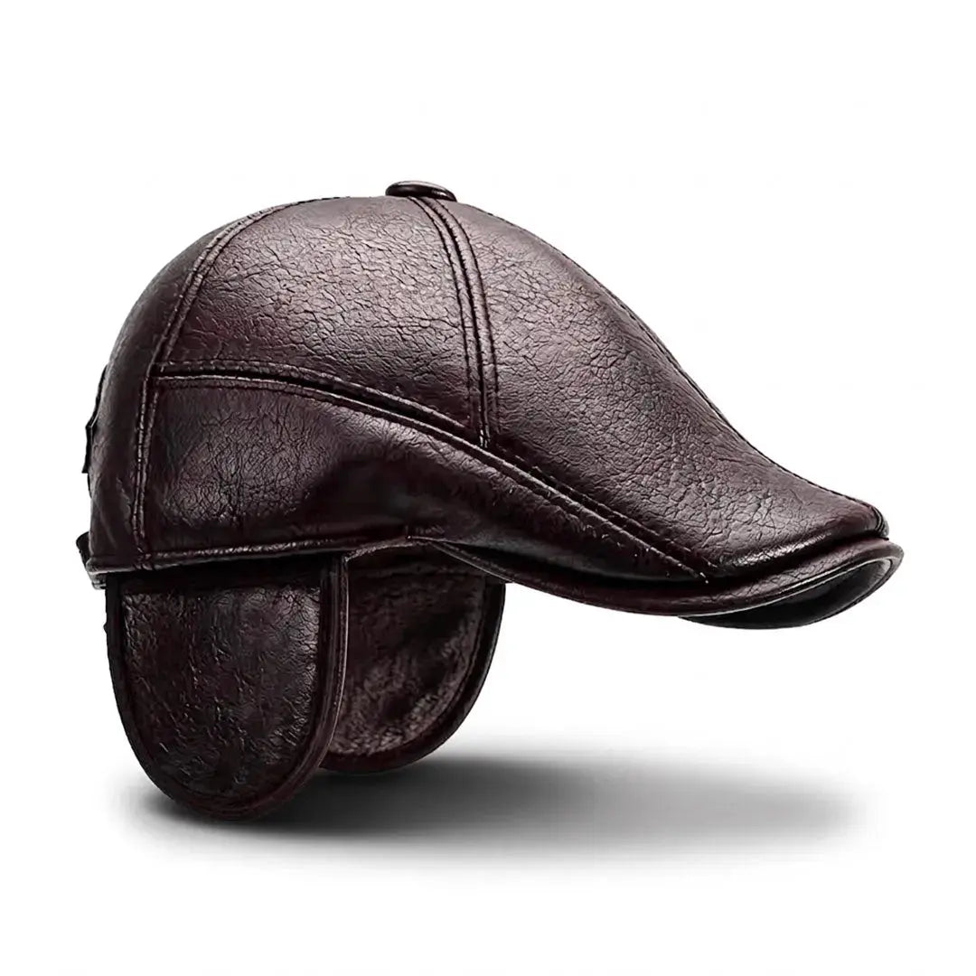 Béret casquette homme en simili cuir marron avec protège-oreilles