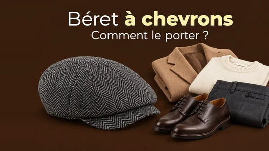 Béret casquette gris à chevrons avec manteau camel, pull écru, pantalon et chaussures marron