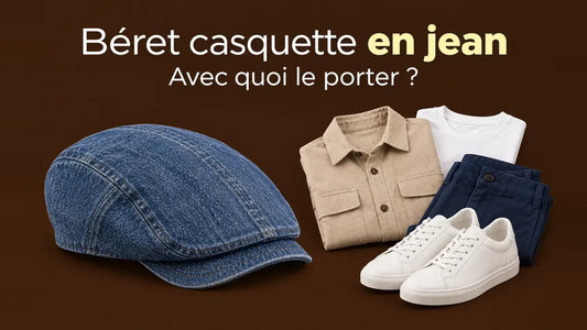 Béret casquette en jean avec chemise beige, t-shirt blanc, jean et baskets blanches