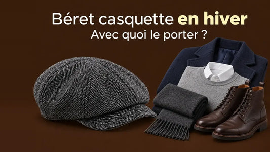 Béret casquette gris à chevrons avec manteau, pull, écharpe et bottines d'hiver