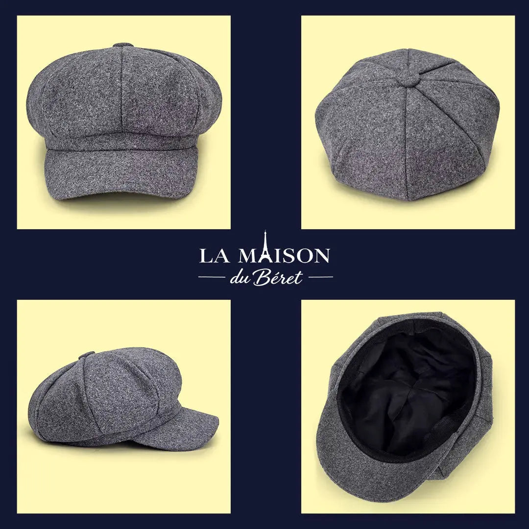 Béret gavroche en coton gris vue face dessus intérieur et profil