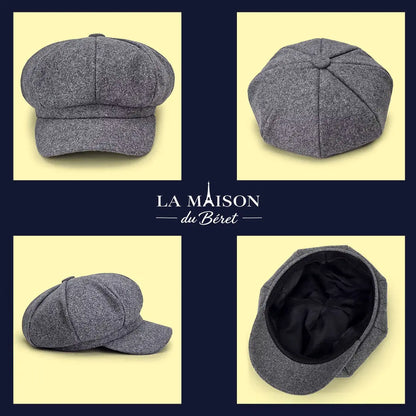 Béret gavroche en coton gris vue face dessus intérieur et profil