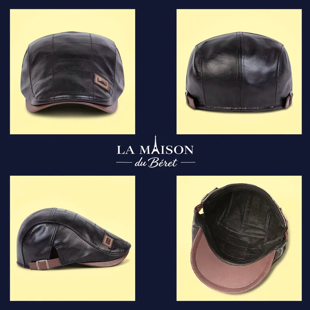 Béret casquette en simili cuir noir vue face dos profil intérieur