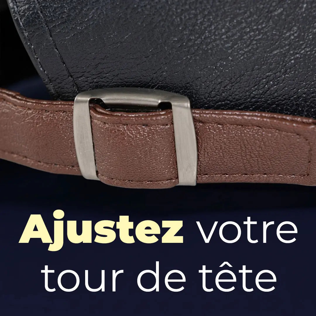 Détail de la boucle de réglage du béret casquette en simili cuir