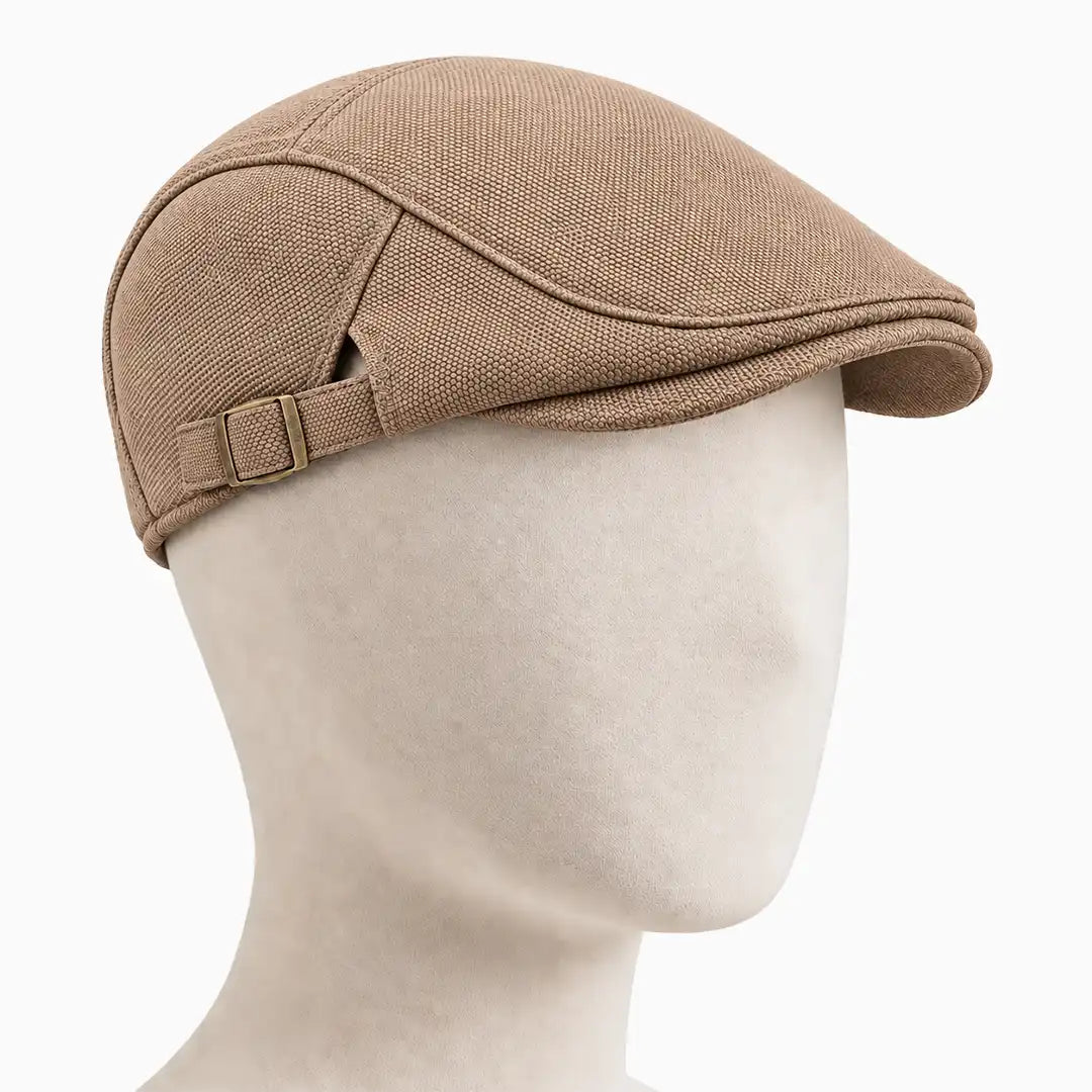 Béret casquette Rodolphe en polyester beige, porté sur une tête de mannequin