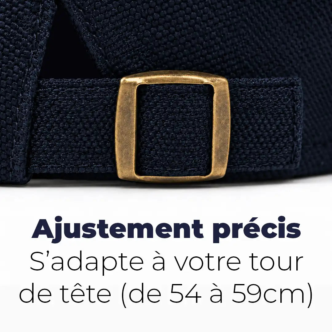 Béret casquette Rodolphe en polyester bleu marine, détail de la boucle de réglage