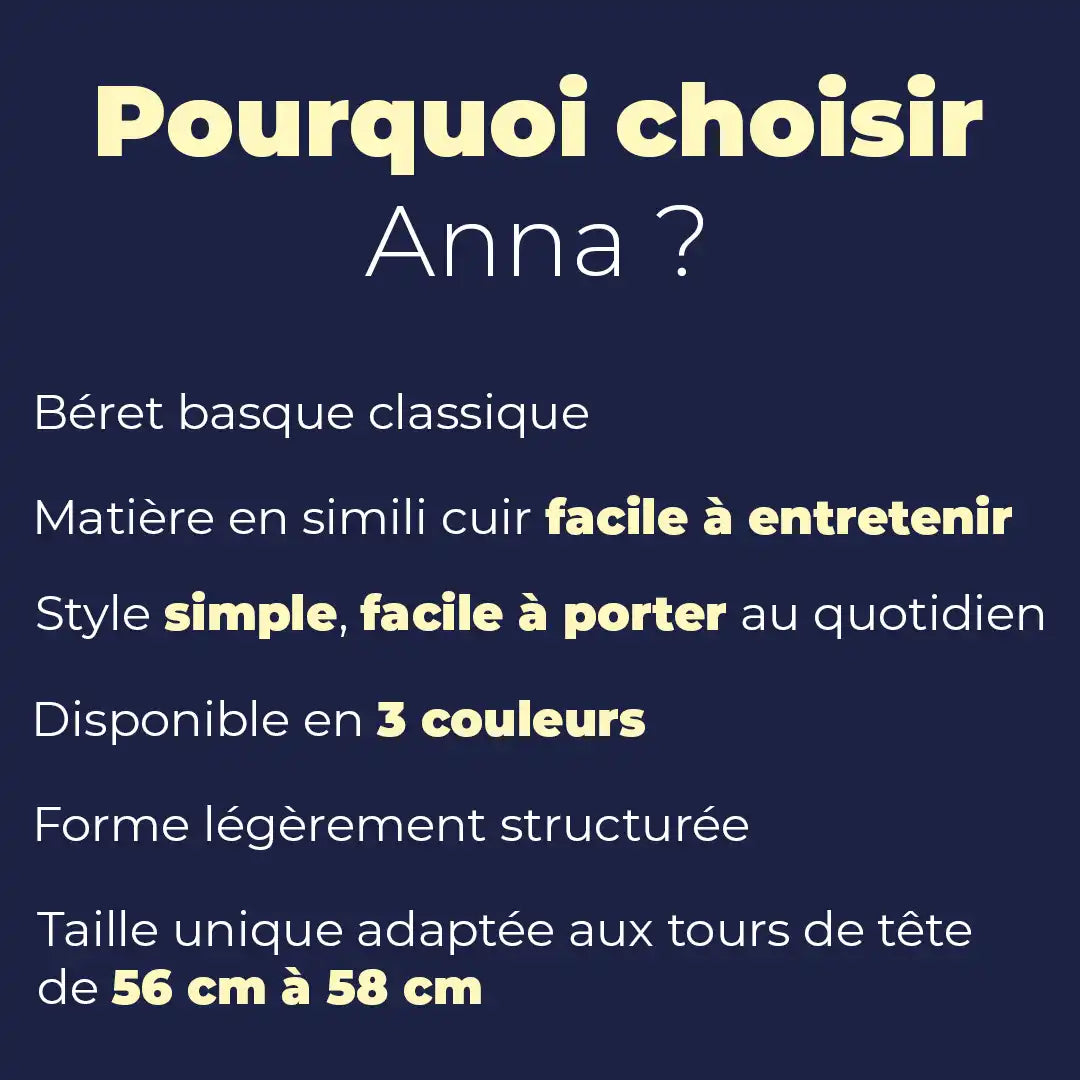 Béret basque Anna simili cuir femme : facile à entretenir, 3 couleurs, taille unique 56-58 cm