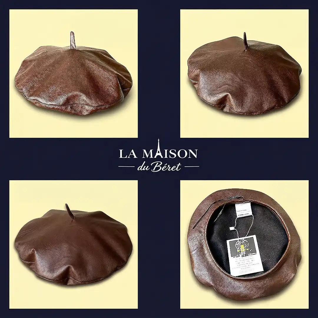 Béret basque femme simili cuir Anna marron : face, dessus, côté et intérieur - La Maison du Béret