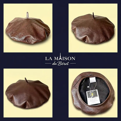 Béret basque femme simili cuir Anna marron : face, dessus, côté et intérieur - La Maison du Béret