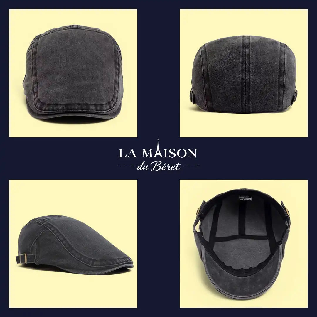 béret casquette homme coton vintage noir 4 vues avant arrière côté intérieur Anthony - La Maison du Béret