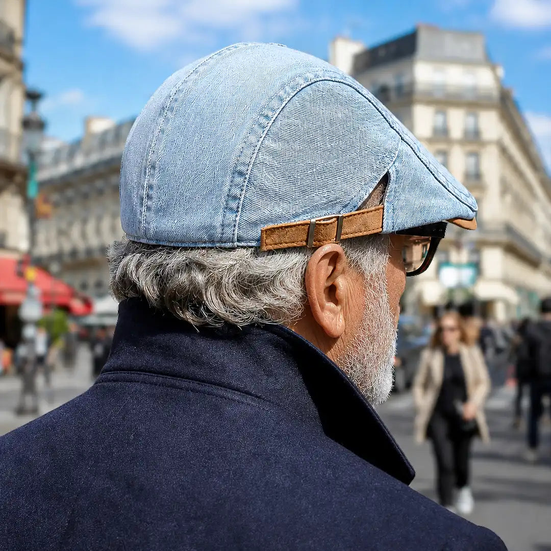 Béret casquette en jean Richard bleu clair porté