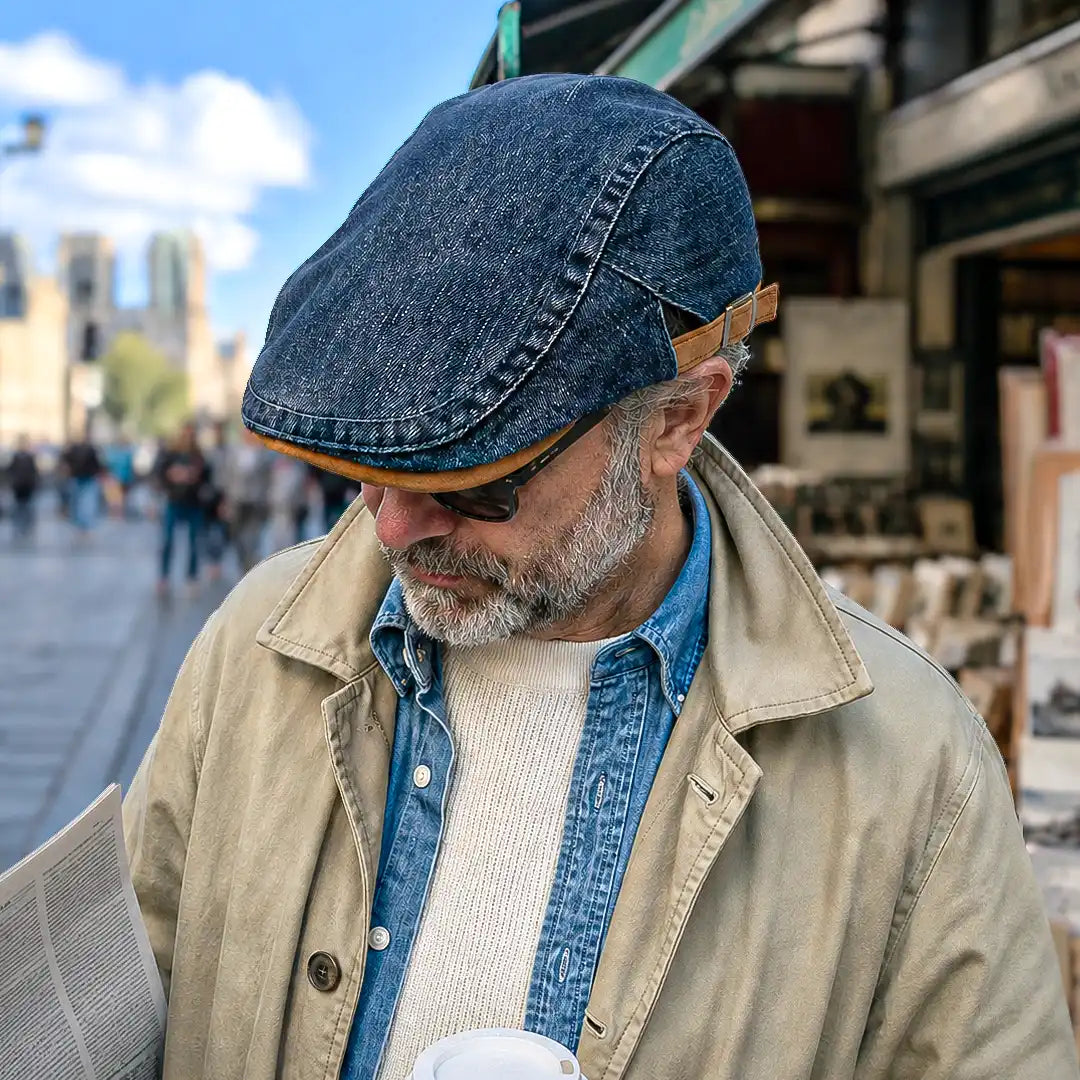 Béret casquette en jean Richard bleu foncé porté
