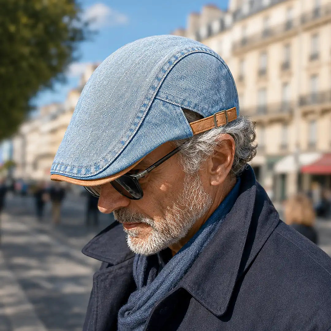 Béret casquette en jean Richard bleu porté
