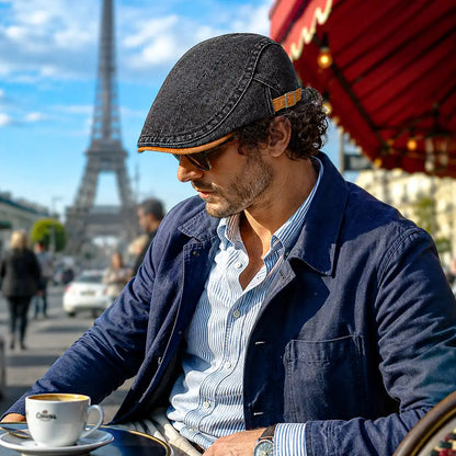 Béret casquette en jean Richard noir porté