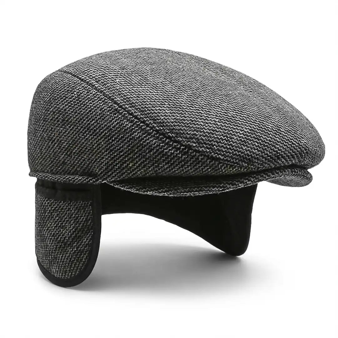 Béret casquette plate homme en coton mélangé gris avec cache-oreilles dépliés - Romain par La Maison du Béret
