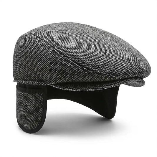 Béret casquette plate homme en coton mélangé gris avec cache-oreilles dépliés - Romain par La Maison du Béret