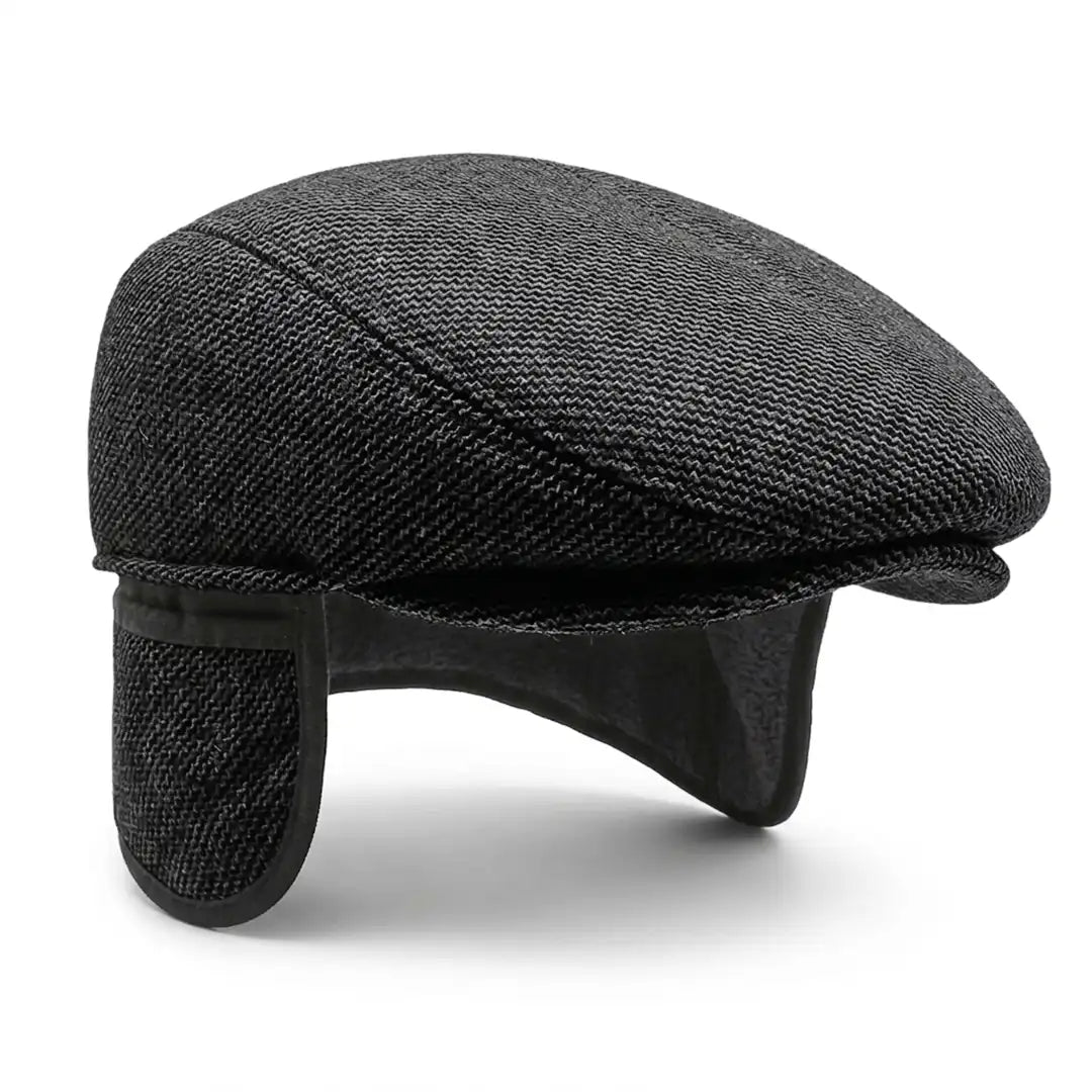 Béret casquette plate homme en coton mélangé noir avec cache-oreilles dépliés - Romain par La Maison du Béret