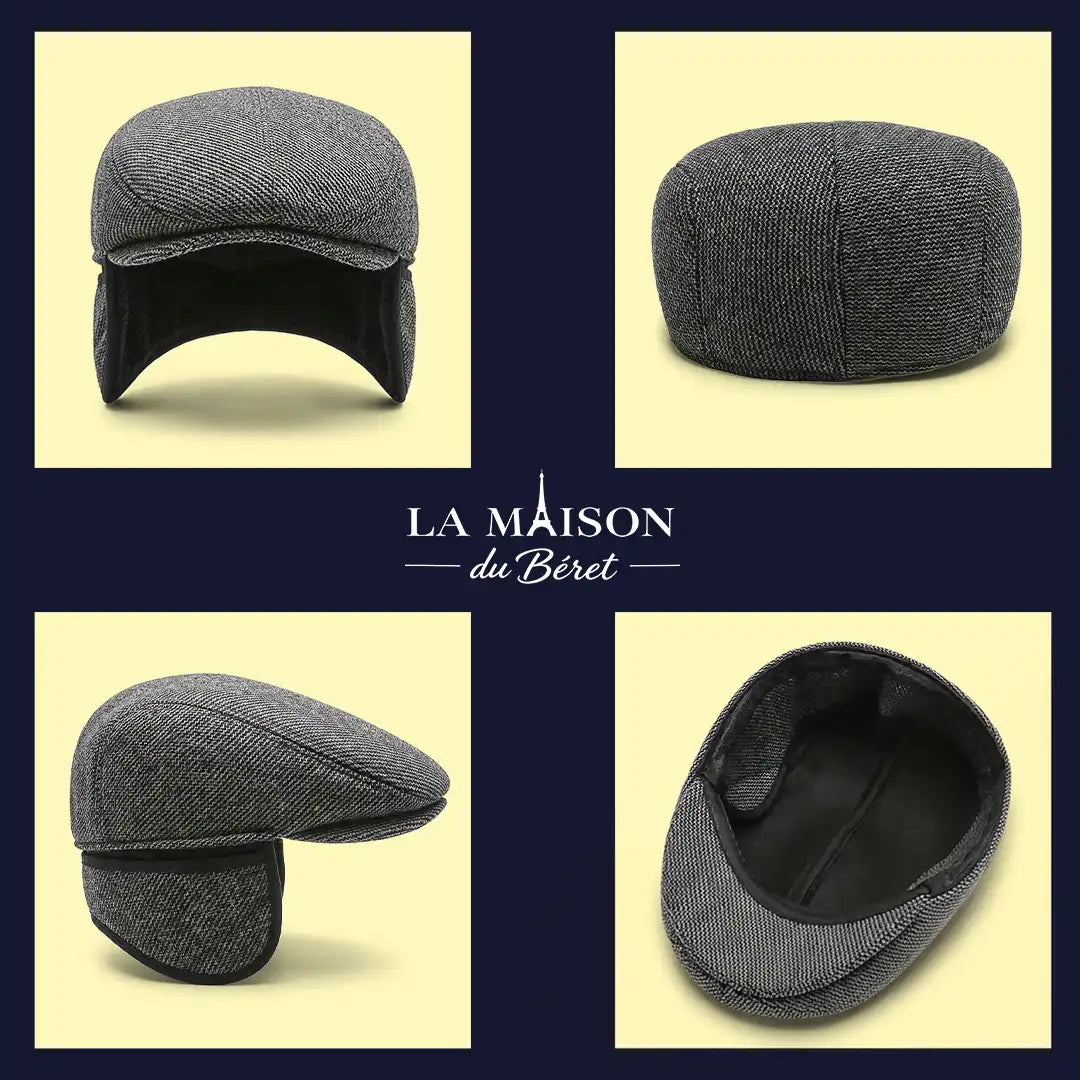 Béret casquette plate homme Romain en gris vue de face, dessus, côté et intérieur - La Maison du Béret