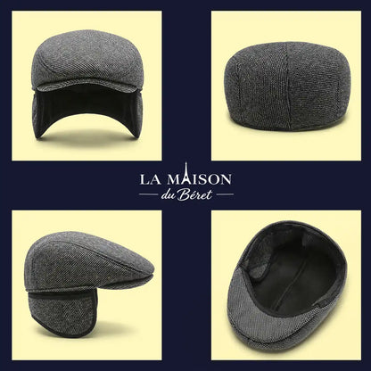 Béret casquette plate homme Romain en gris vue de face, dessus, côté et intérieur - La Maison du Béret