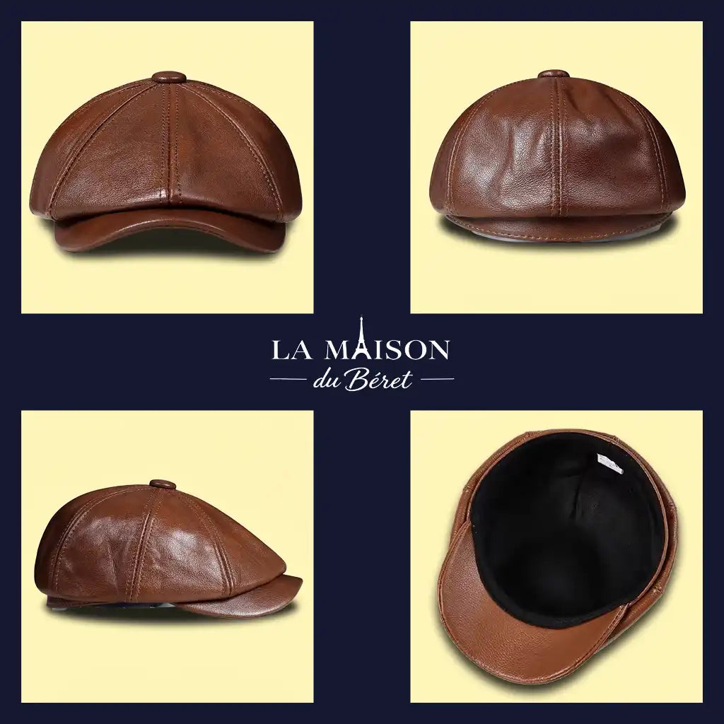 béret gavroche cuir véritable marron 4 vues avant arrière côté intérieur Le Marceau - La Maison du Béret