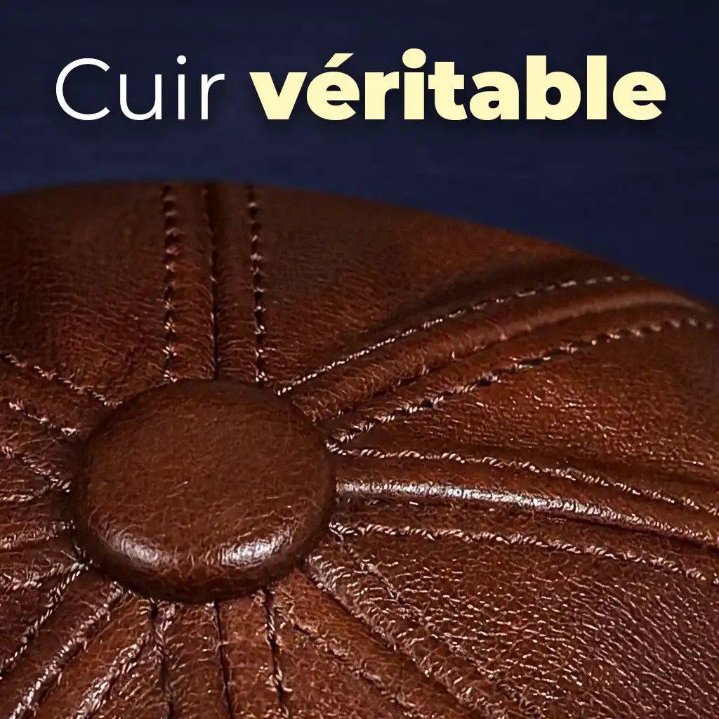 détail matière cuir véritable béret gavroche homme marron Le Marceau - La Maison du Béret