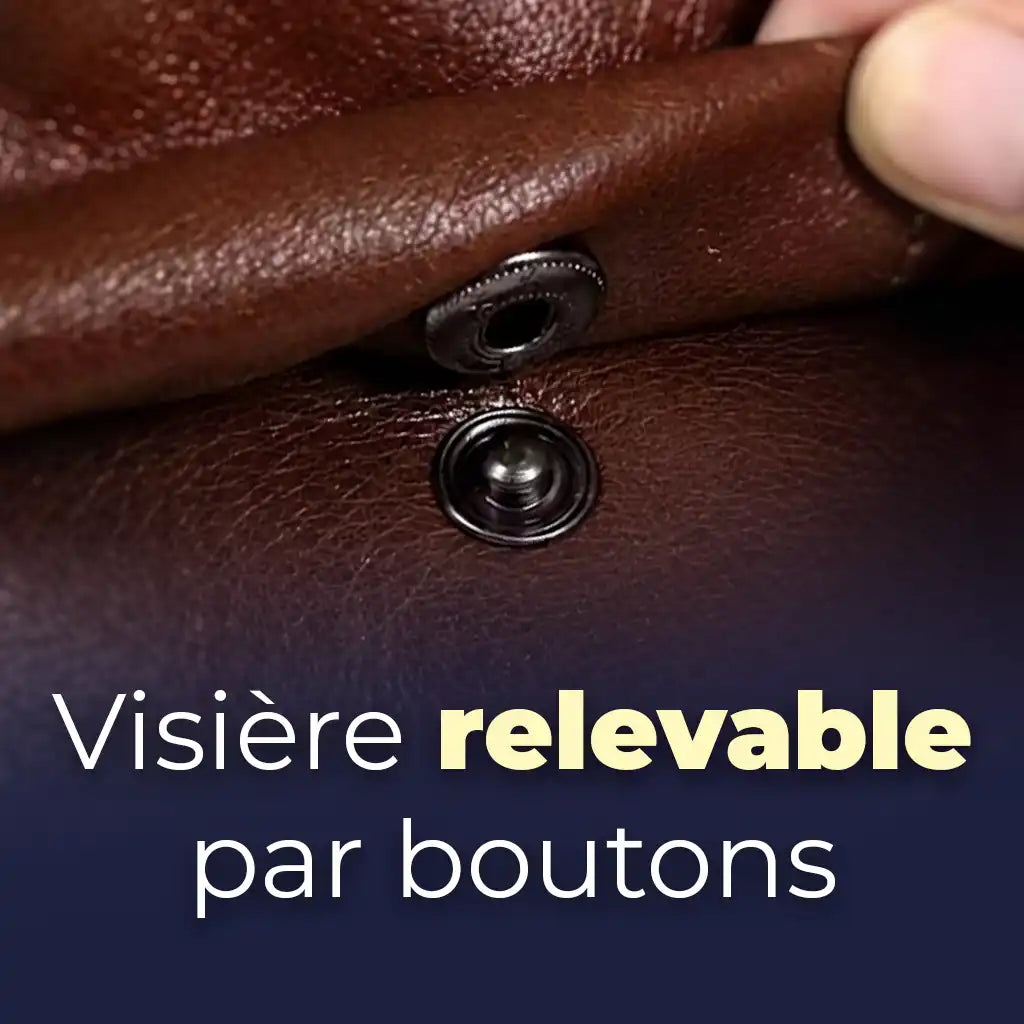 détail visière relevable par boutons pression béret gavroche cuir Le Marceau - La Maison du Béret