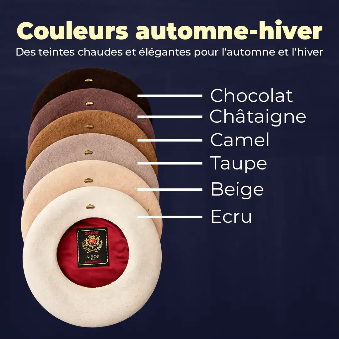Bérets en laine empilés présentant les coloris automne-hiver : chocolat, châtaigne, camel, taupe, beige et écru