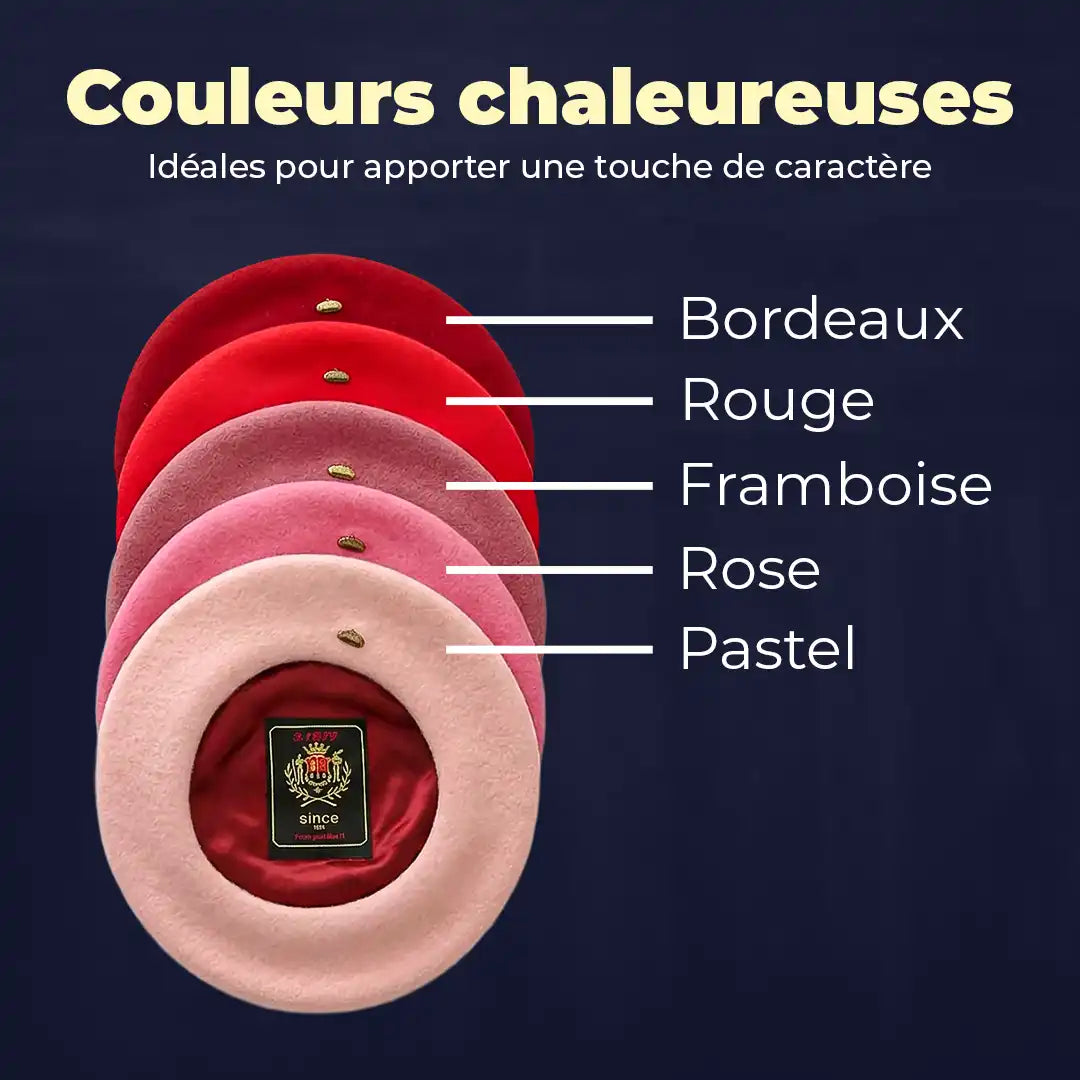 Bérets en laine mélangée empilés dans les coloris chauds : bordeaux, rouge, framboise, rose et pastel - La Maison du Béret