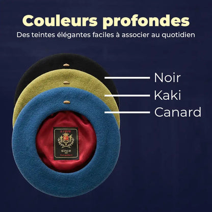 Bérets en laine mélangée empilés dans les coloris profonds : noir, kaki et bleu canard - La Maison du Béret