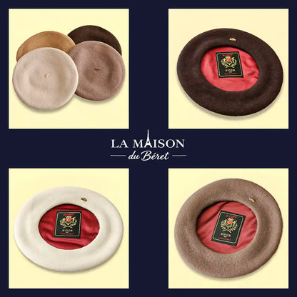 Bérets en laine La Maison du Béret présentés en quatre coloris : écru, chocolat, taupe et camel