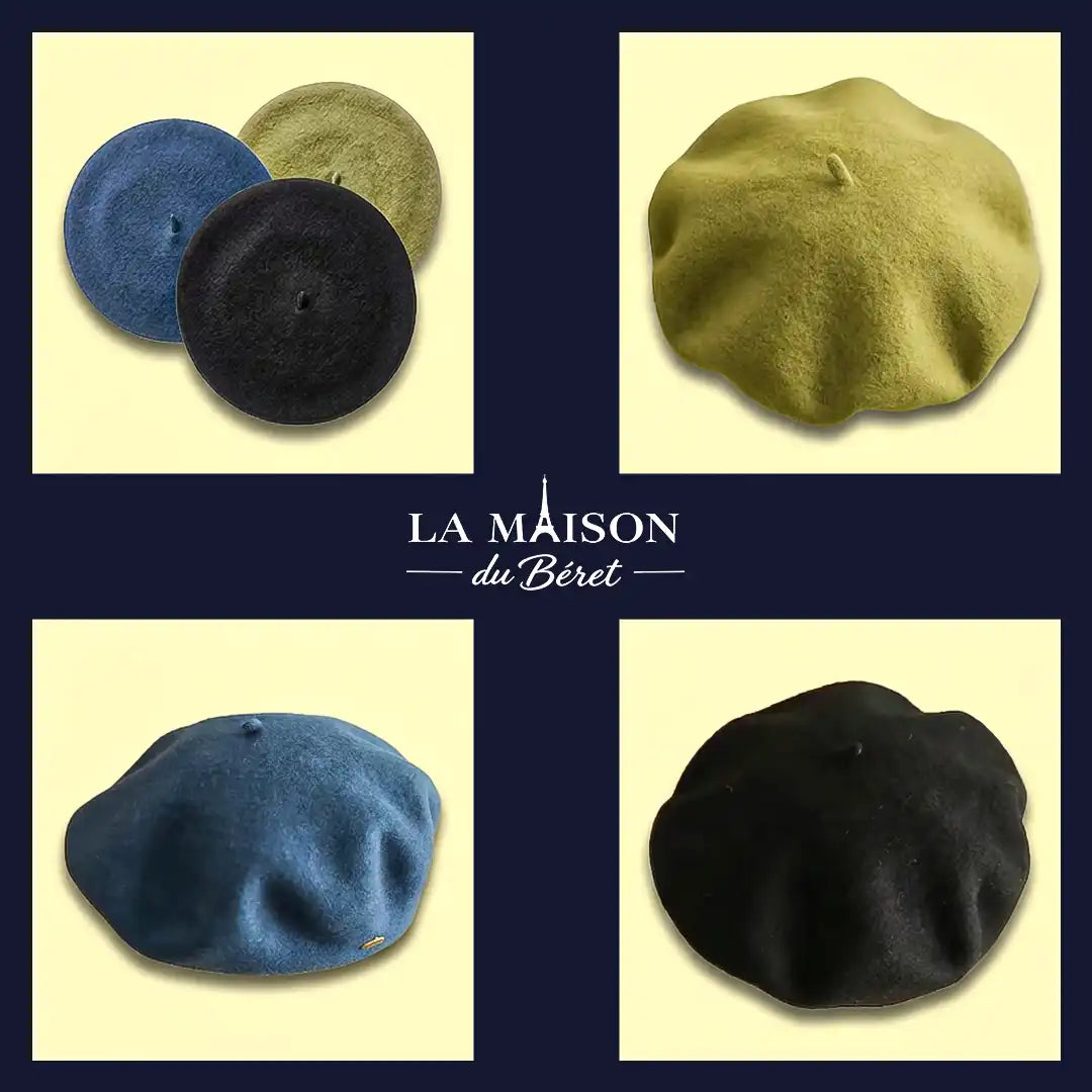 Bérets en laine La Maison du Béret en trois coloris : kaki, bleu marine et noir, portés à plat et en volume
