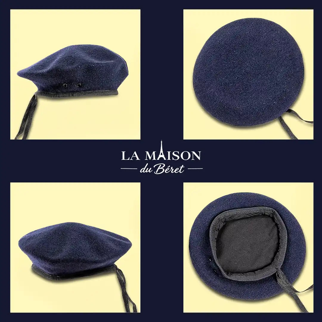 Béret militaire Valentin bleu marine La Maison du Béret, vues de face, dessus, profil et intérieur