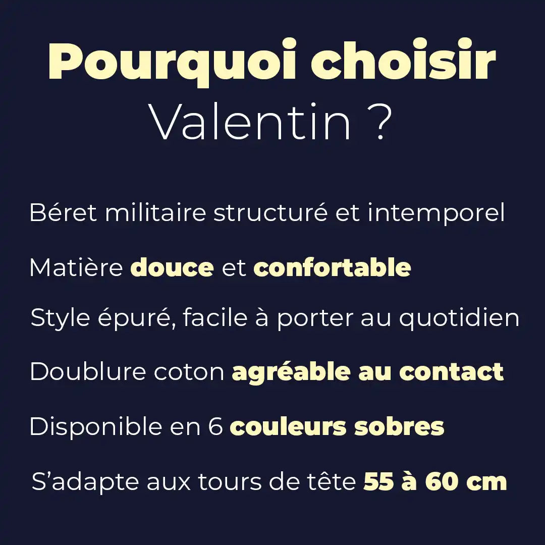 Béret militaire Valentin : structuré, laine douce, doublure coton, 6 coloris, tailles 55 à 60 cm