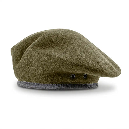 Béret militaire Valentin coloris kaki en laine mélangée avec bandeau cuir et cordon ajustable