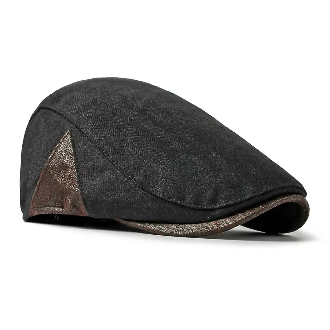 Casquette plate homme coton noir Gabriel détail simili cuir - La Maison du Béret