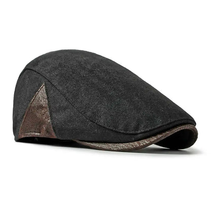 Casquette plate homme coton noir Gabriel détail simili cuir - La Maison du Béret