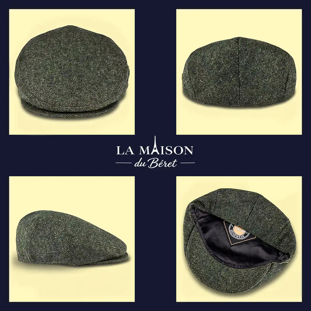 Casquette plate laine chevrons Daniel vert : face, dessus, côté et intérieur - La Maison du Béret