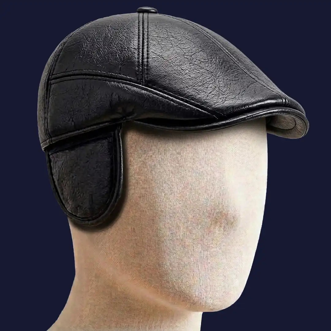 Casquette plate simili cuir noir Stéphane avec protège-oreilles sur mannequin - La Maison du Béret
