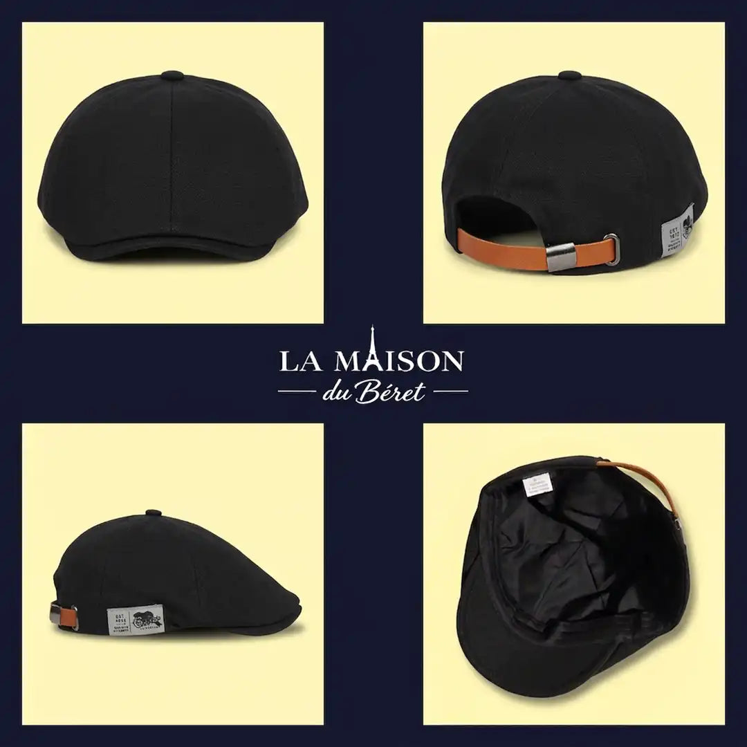 Casquette plate unisexe coton Enzo noir : face, dos, côté et intérieur - La Maison du Béret