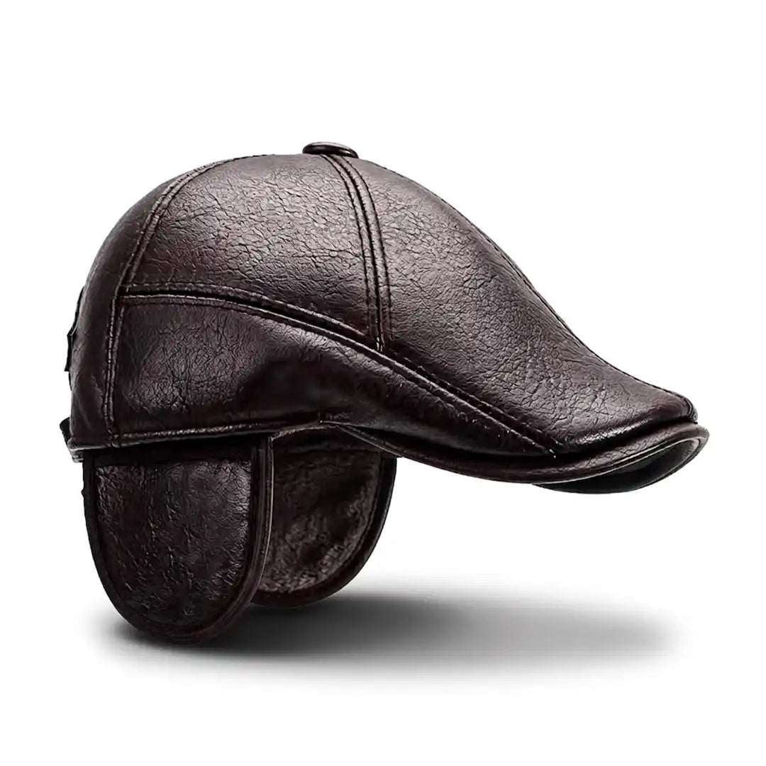 Casquette simili cuir homme marron Stéphane avec protège-oreilles dépliés - La Maison du Béret 