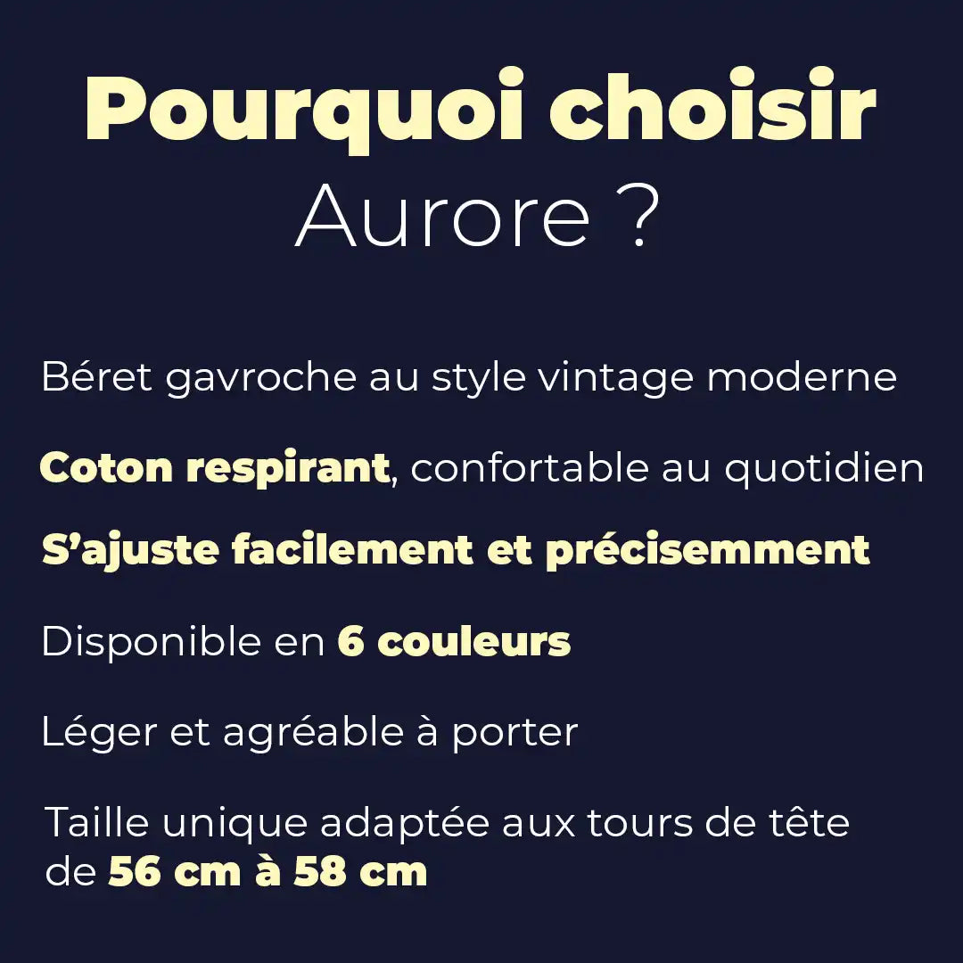 Béret gavroche unisexe Aurore : coton respirant, réglable, 6 couleurs, léger, 56-58 cm