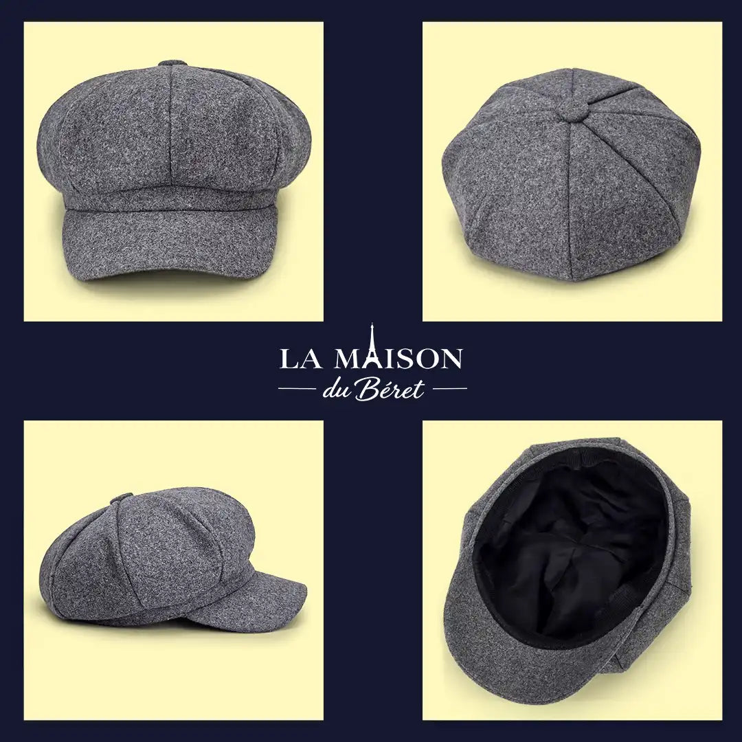 Béret gavroche unisexe Aurore gris : face, dessus, côté et intérieur - La Maison du Béret